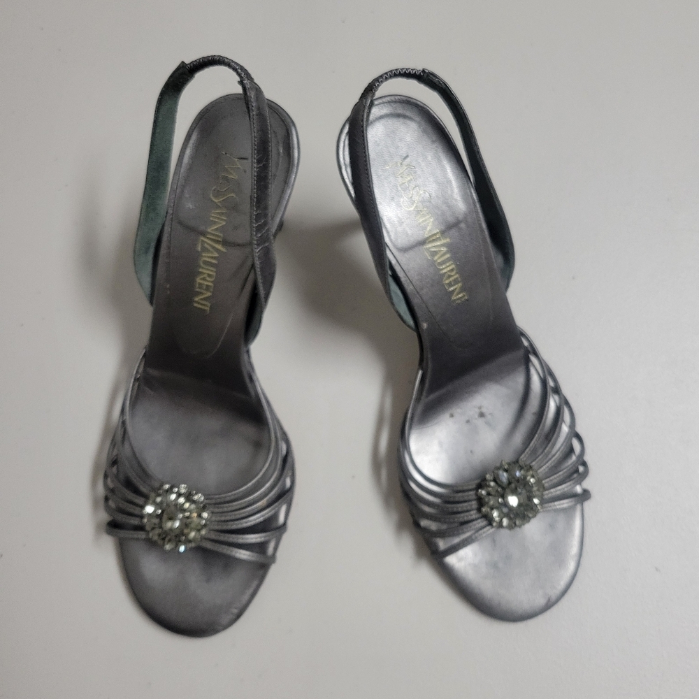 Yves Saint Laurent Grey Silver Heels with Crystal Embellishments.